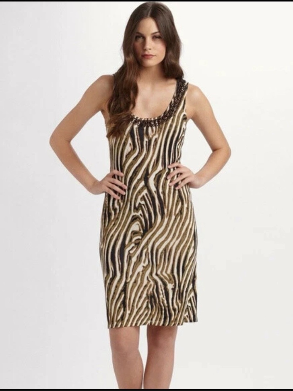 Josie Natori - Savanna Beaded Silk Knit Dress in Animal Print Size Small